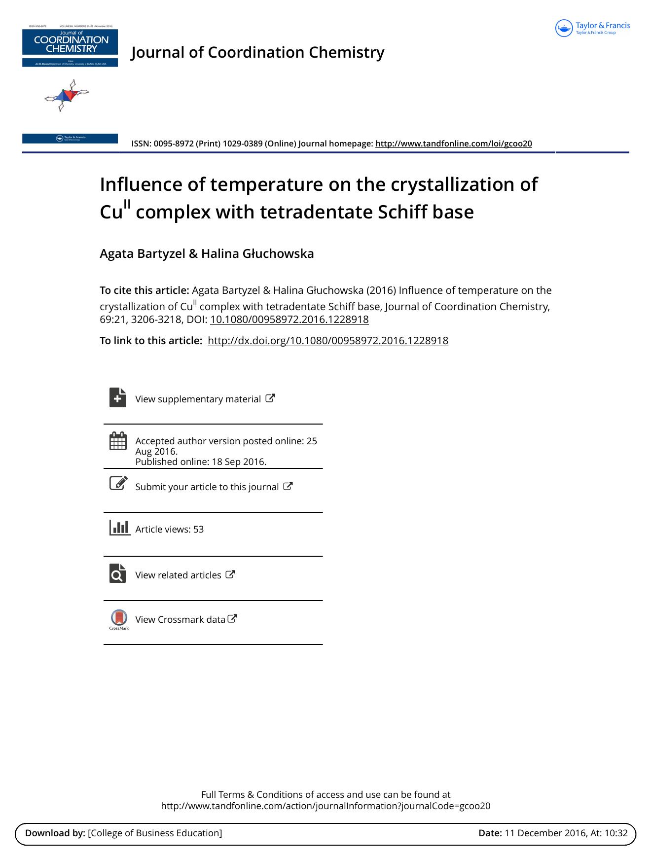 Influence of temperature on the crystallization of CuII complex with tetradentate Schiff base by Agata Bartyzel & Halina Głuchowska