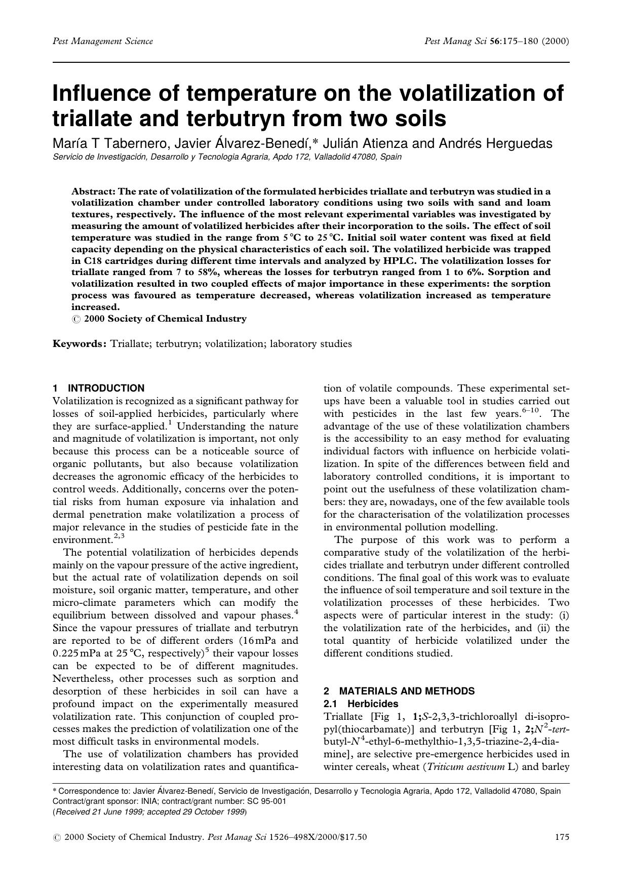 Influence of temperature on the volatilization of triallate and terbutryn from two soils by Unknown