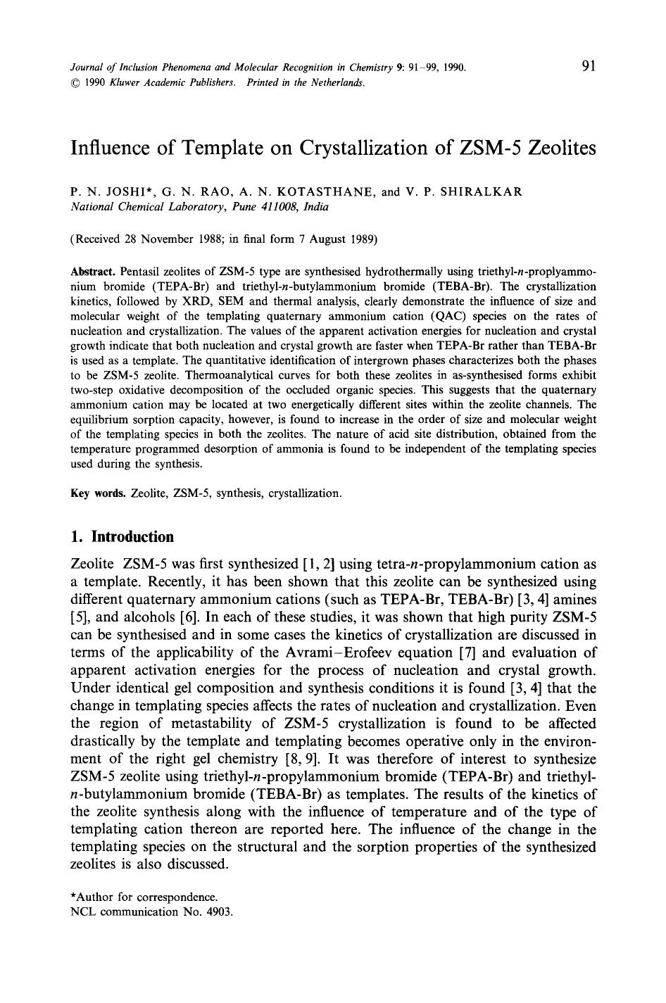 Influence of template on crystallization of ZSM-5 zeolites by Unknown