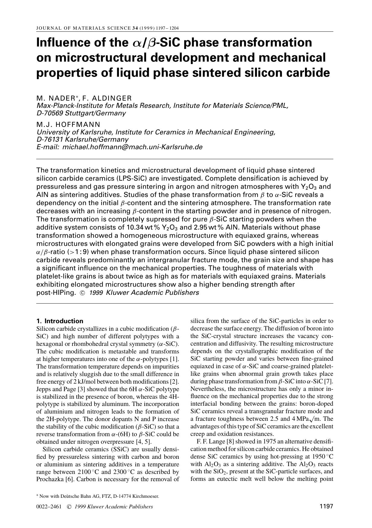 Influence of the αβ-SiC phase transformation on microstructural development and mechanical properties of liquid phase sintered silicon carbide by Unknown