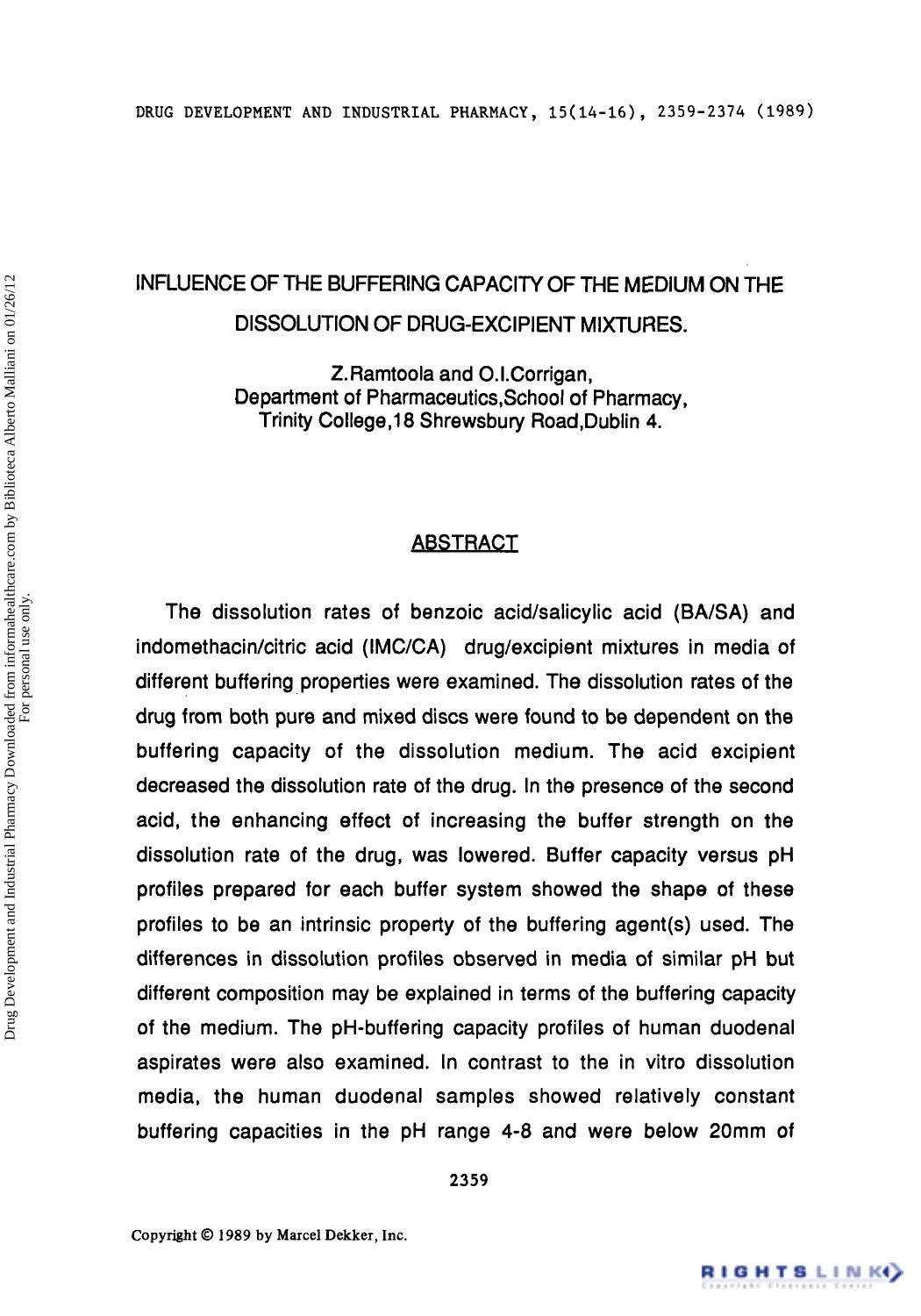 Influence of the Buffering Capacity of the Medium on the Dissolution of Drug-Excipient Mixtures by Z. Ramtoola & O. I. Corrigan
