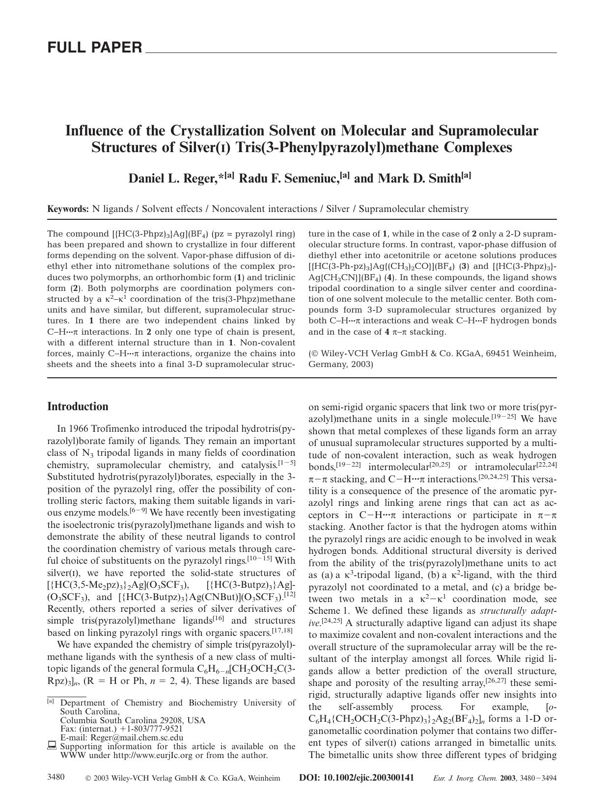 Influence of the Crystallization Solvent on Molecular and Supramolecular Structures of Silver(I) Tris(3-Phenylpyrazolyl)methane Complexes by Unknown
