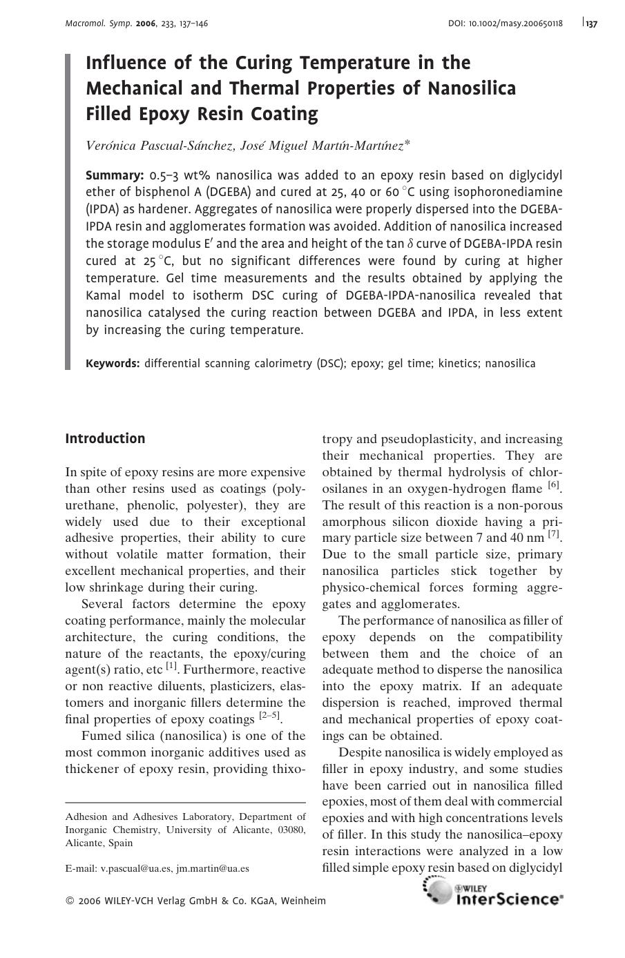 Influence of the Curing Temperature in the Mechanical and Thermal Properties of Nanosilica Filled Epoxy Resin Coating by Unknown
