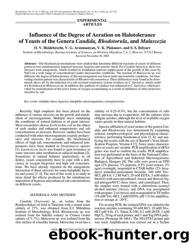 Influence of the Degree of Aeration on Halotolerance of Yeasts of the Genera <Emphasis Type="Italic">Candida, Rhodotorula<Emphasis>, and <Emphasis Type="Italic">Malassezia<Emphasis> by Unknown