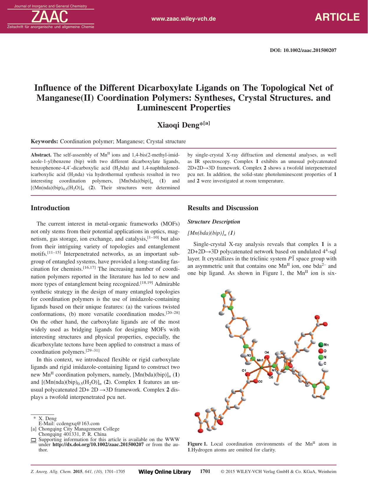 Influence of the Different Dicarboxylate Ligands on The Topological Net of Manganese(II) Coordination Polymers: Syntheses, Crystal Structures. and Luminescent Properties by Unknown