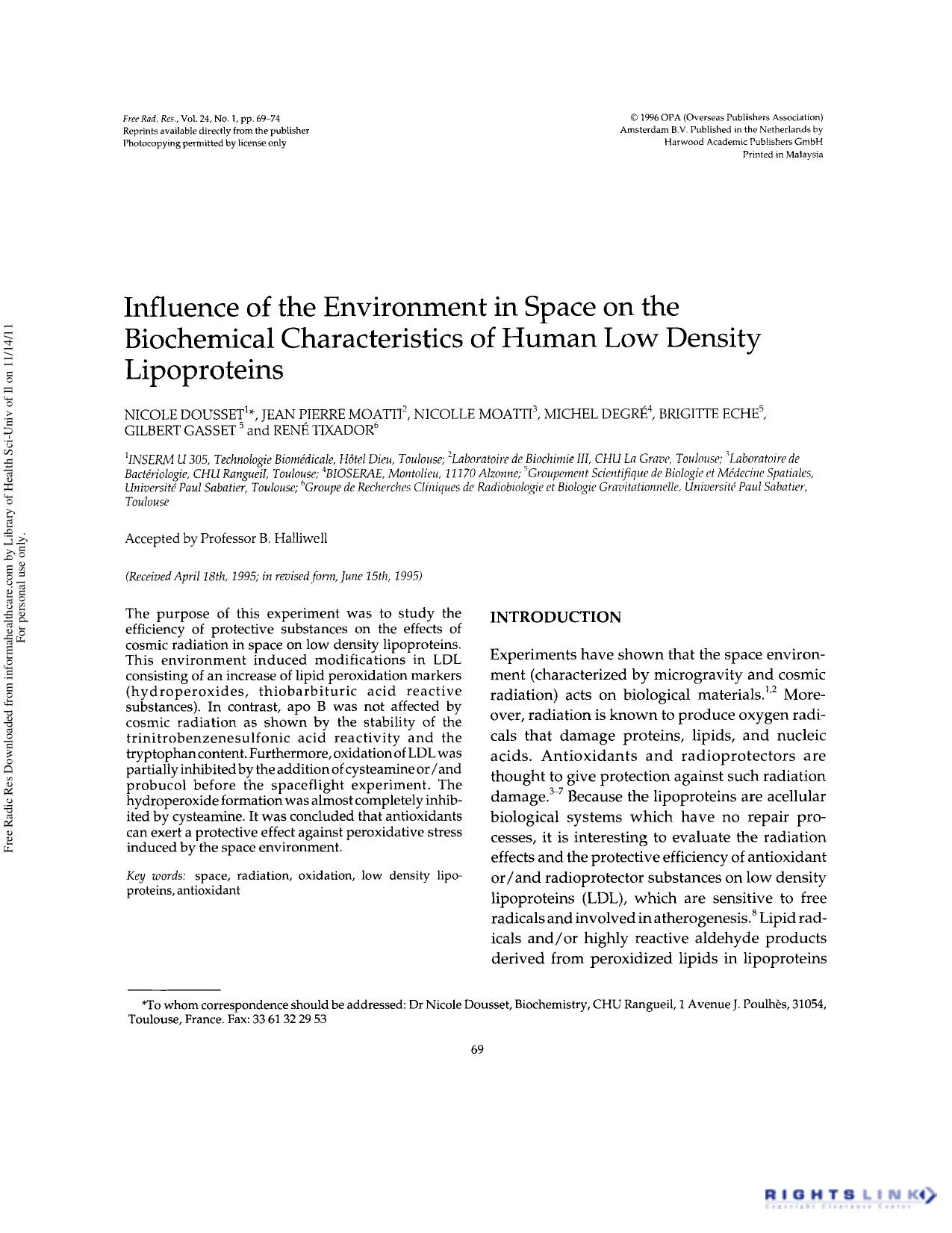 Influence of the Environment in Space on the Biochemical Characteristics of Human Low Density Lipoproteins by unknow