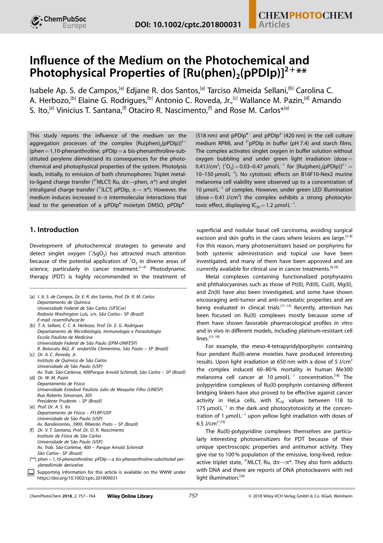 Influence of the Medium on the Photochemical and Photophysical Properties of [Ru(phen)2(pPDIp)]2+ by Unknown