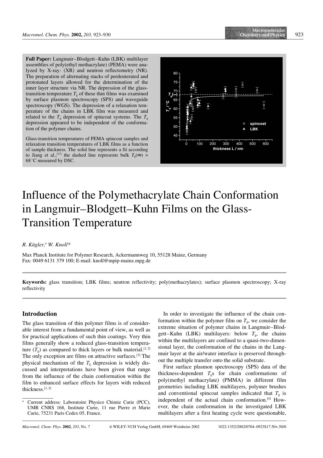 Influence of the Polymethacrylate Chain Conformation in Langmuir-Blodgett-Kuhn Films on the Glass-Transition Temperature by Unknown