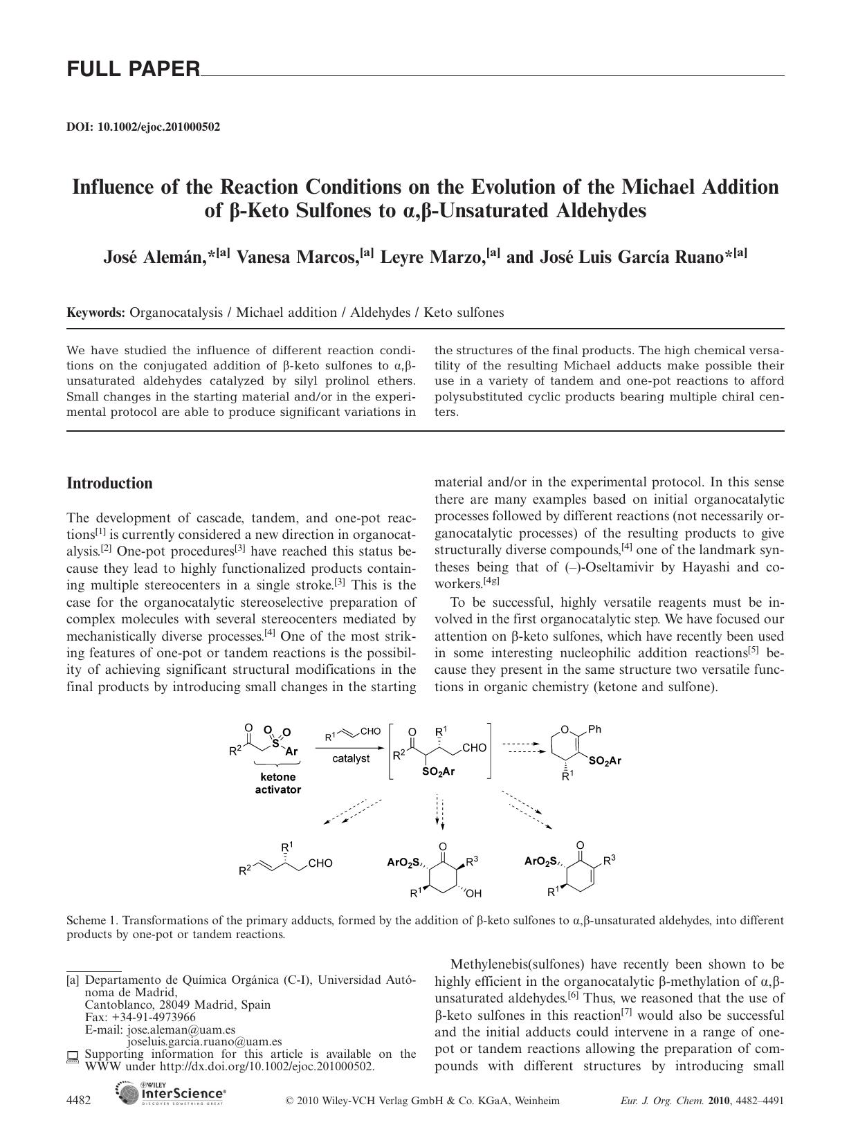 Influence of the Reaction Conditions on the Evolution of the Michael Addition of [beta]-Keto Sulfones to [alpha],[beta]-Unsaturated Aldehydes by Unknown