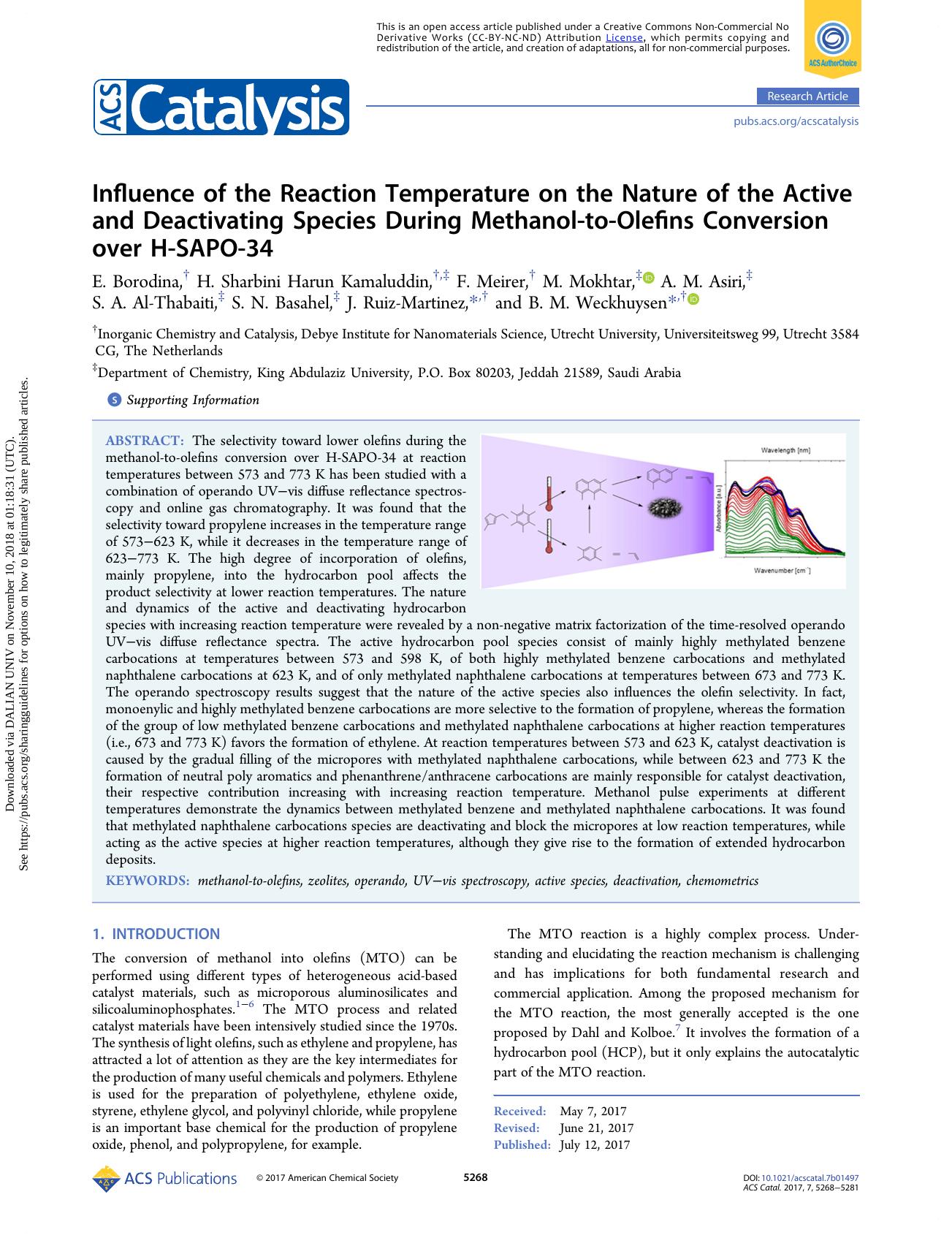 Influence of the Reaction Temperature on the Nature of the Active and Deactivating Species During Methanol-to-Olefins Conversion over H-SAPO-34 by unknow