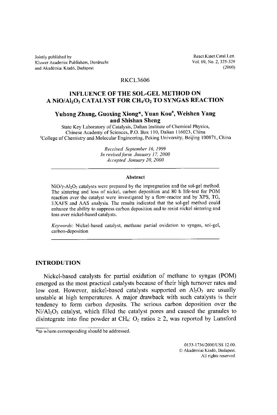 Influence of the Sol-Gel Method on a NiOAl2O3 Catalyst for CH4O2 to Syngas Reaction by Unknown