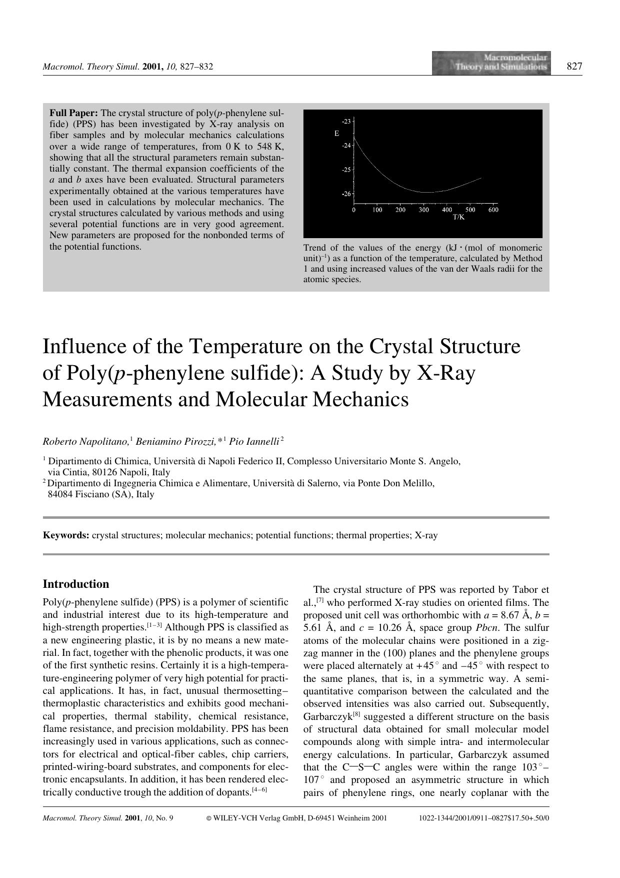Influence of the Temperature on the Crystal Structure of Poly(p-phenylene sulfide): A Study by X-Ray Measurements and Molecular Mechanics by Unknown