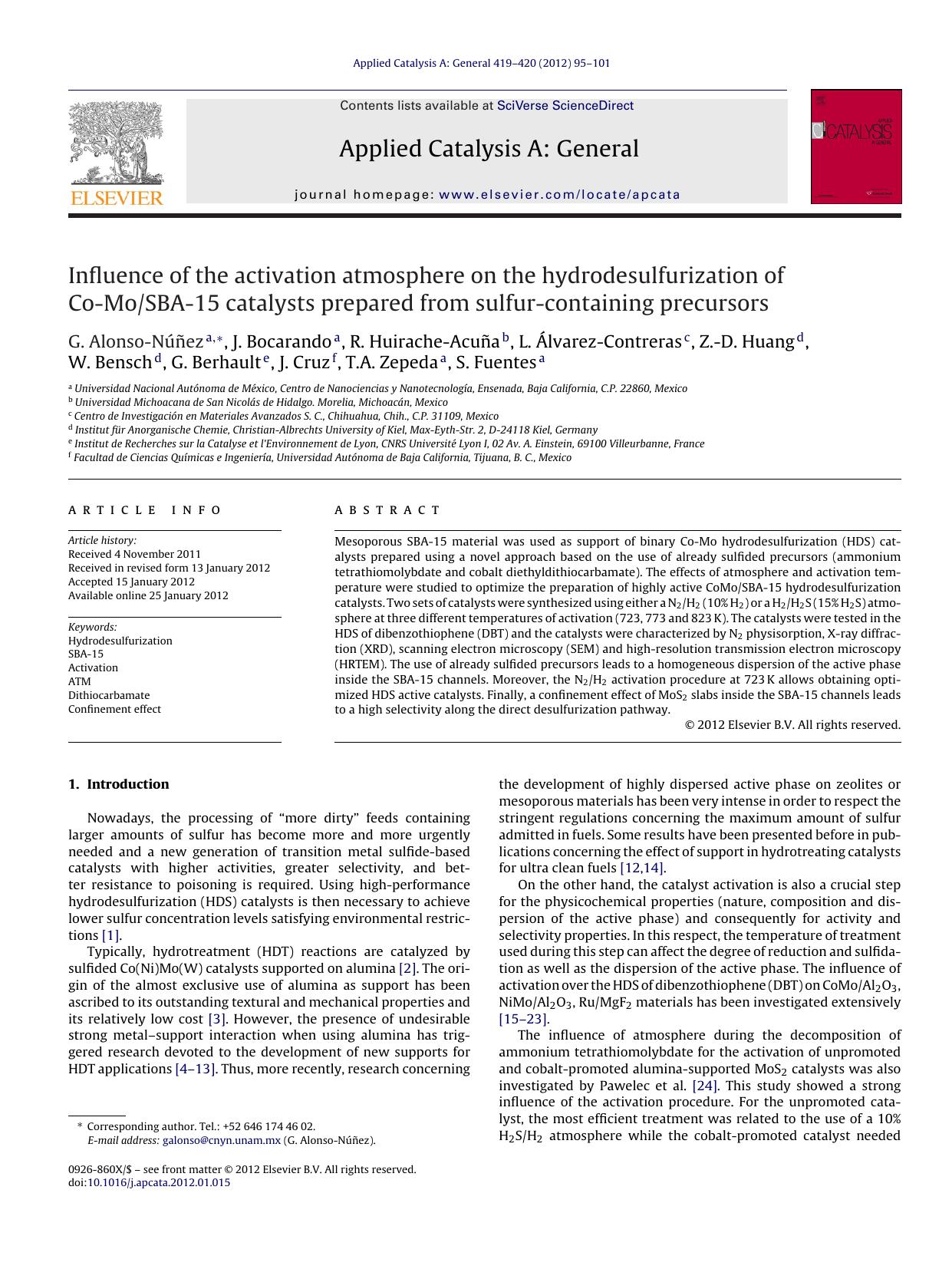 Influence of the activation atmosphere on the hydrodesulfurization of Co-MoSBA-15 catalysts prepared from sulfur-containing precursors by G. Alonso-Núñez
