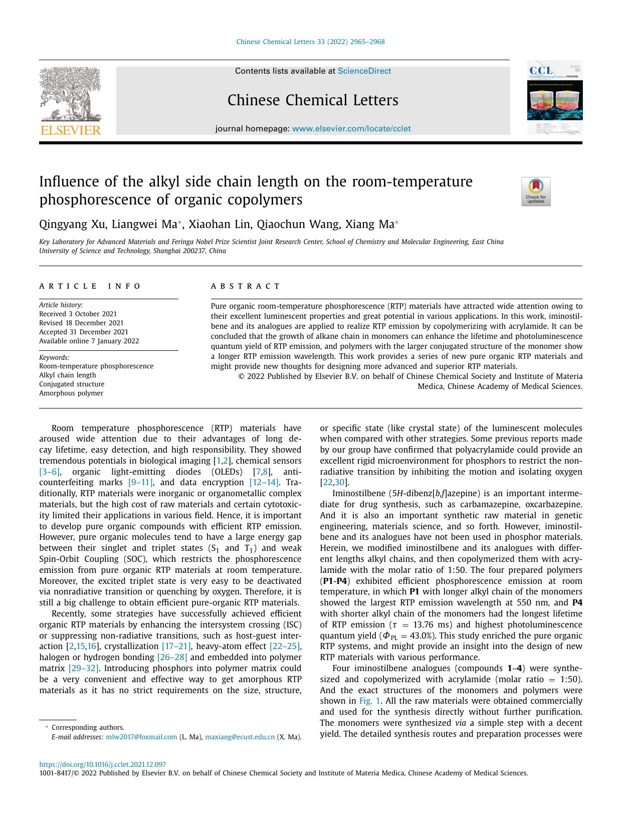 Influence of the alkyl side chain length on the room-temperature phosphorescence of organic copolymers by Qingyang Xu & Liangwei Ma & Xiaohan Lin & Qiaochun Wang & Xiang Ma