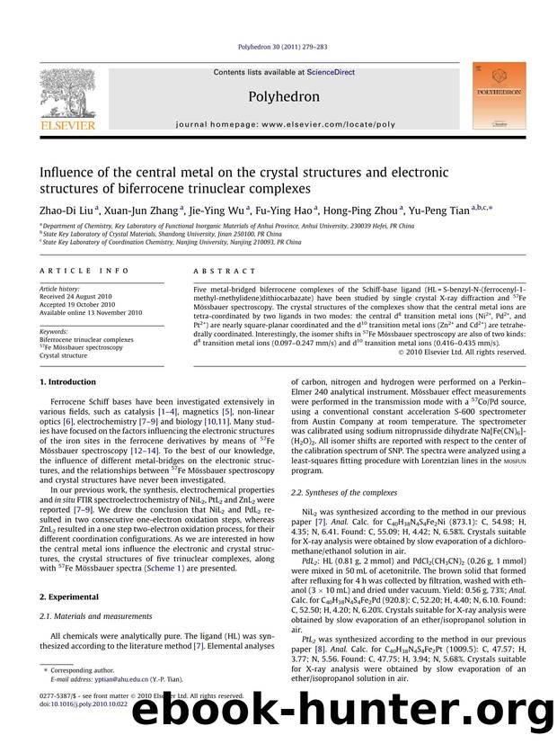 Influence of the central metal on the crystal structures and electronic structures of biferrocene trinuclear complexes by Zhao-Di Liu & Xuan-Jun Zhang & Jie-Ying Wu & Fu-Ying Hao & Hong-Ping Zhou & Yu-Peng Tian