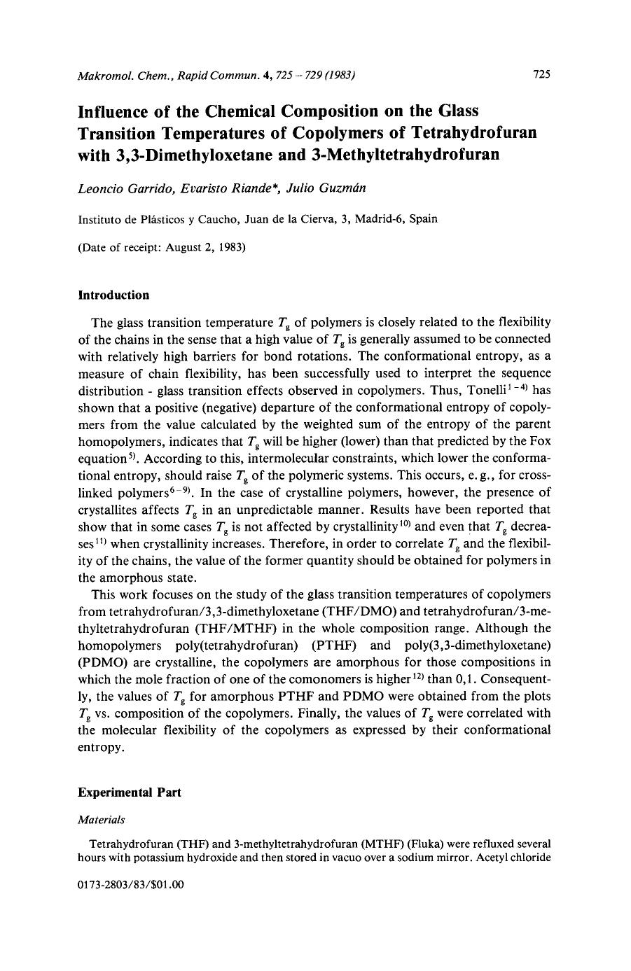 Influence of the chemical composition on the glass transition temperatures of copolymers of tetrahydrofuran with 3,3-dimethyloxetane and 3-methyltetrahydrofuran by Unknown