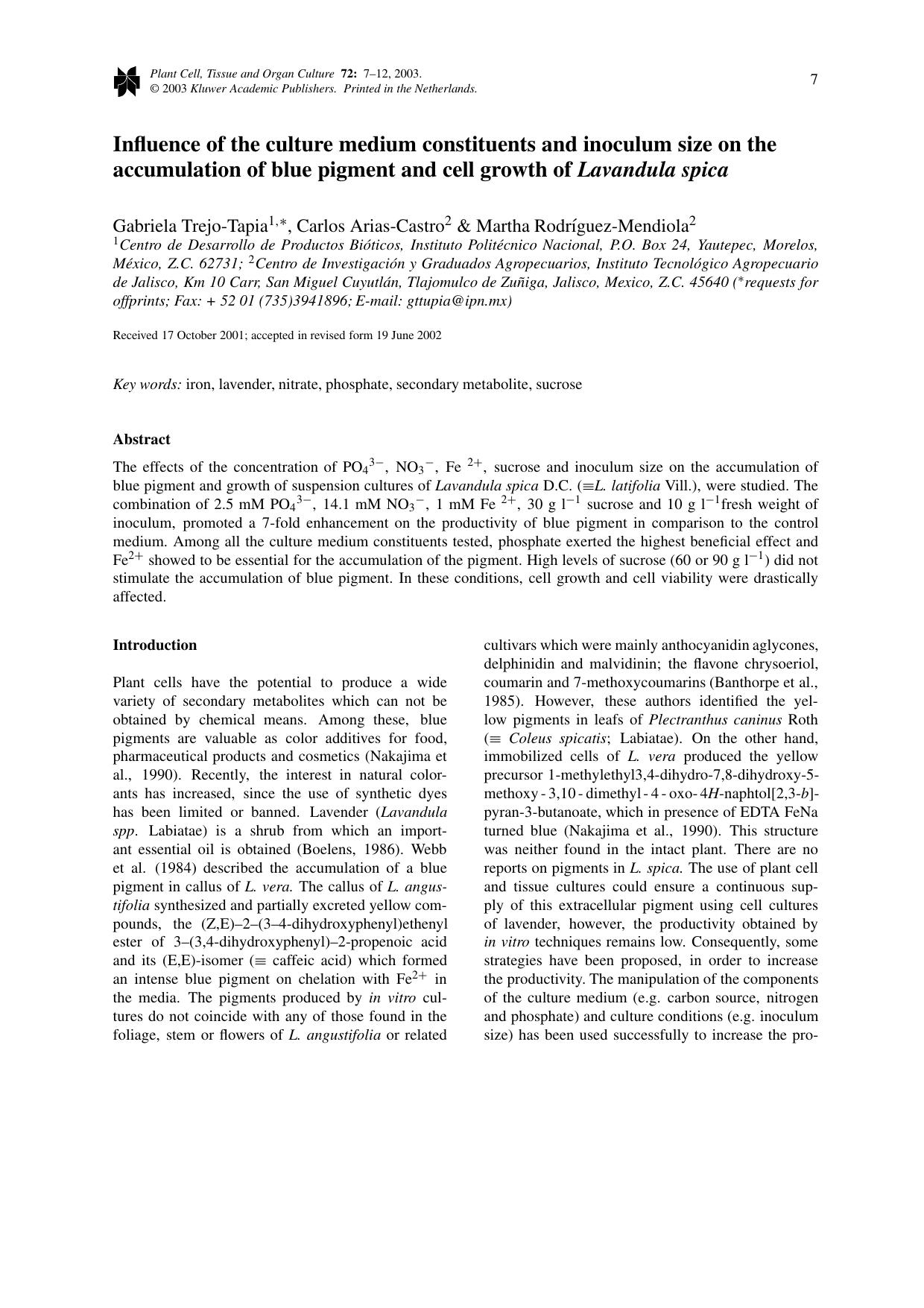 Influence of the culture medium constituents and inoculum size on the accumulation of blue pigment and cell growth of <Emphasis Type="Italic">Lavandula spica<Emphasis> by Unknown