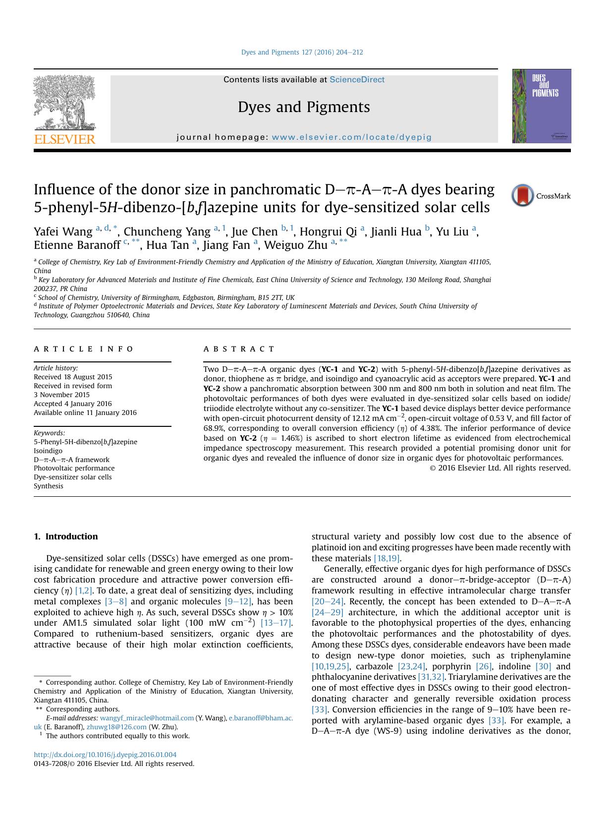 Influence of the donor size in panchromatic D-&pi;-A-&pi;-A dyes bearing 5-phenyl-5H-dibenzo-[b,f]azepine units for dye-sensitized solar cells by unknow