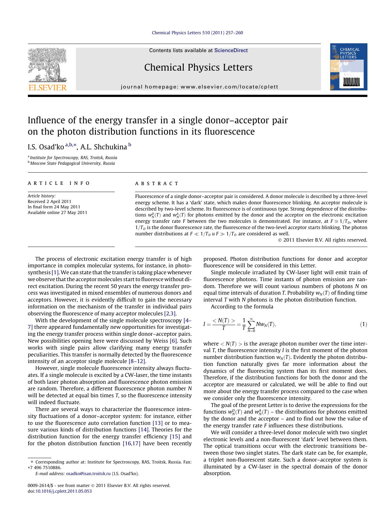 Influence of the energy transfer in a single donorÃ¢â¬âacceptor pair on the photon distribution functions in its fluorescence by I.S. Osadâ€™ko & A.L. Shchukina