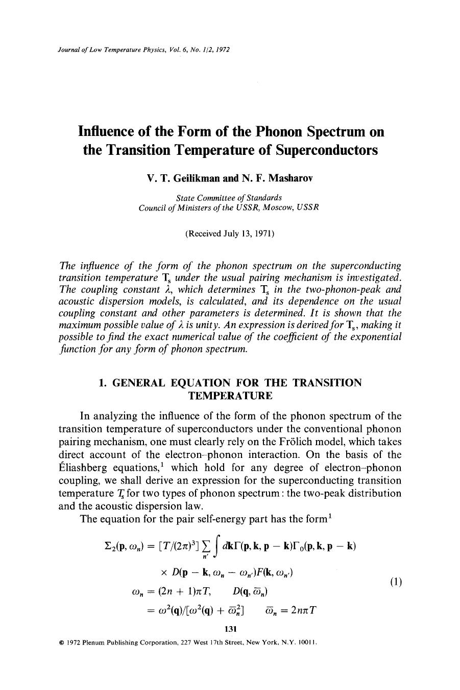 Influence of the form of the phonon spectrum on the transition temperature of superconductors by Unknown