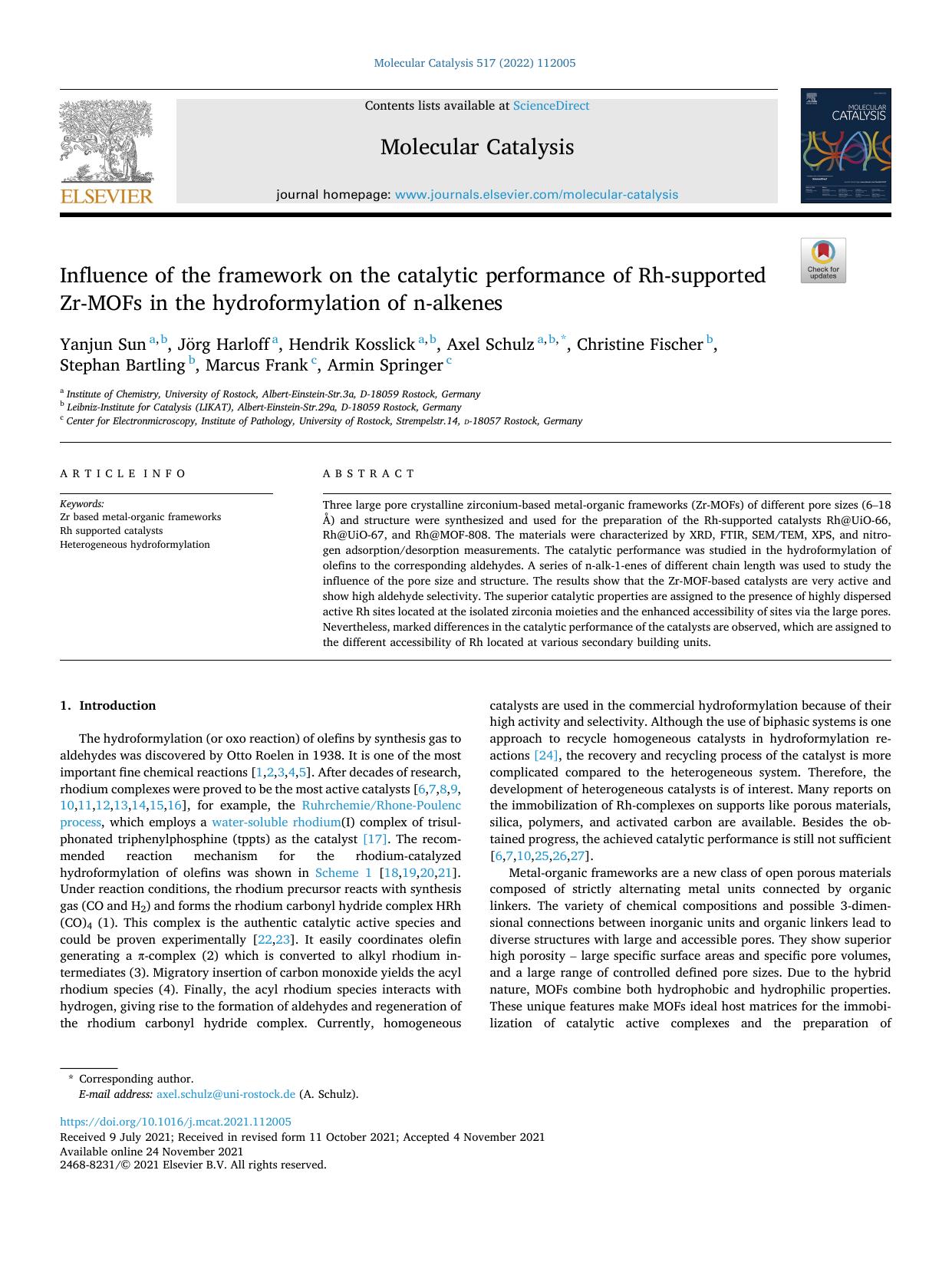 Influence of the framework on the catalytic performance of Rh-supported Zr-MOFs in the hydroformylation of n-alkenes by unknow