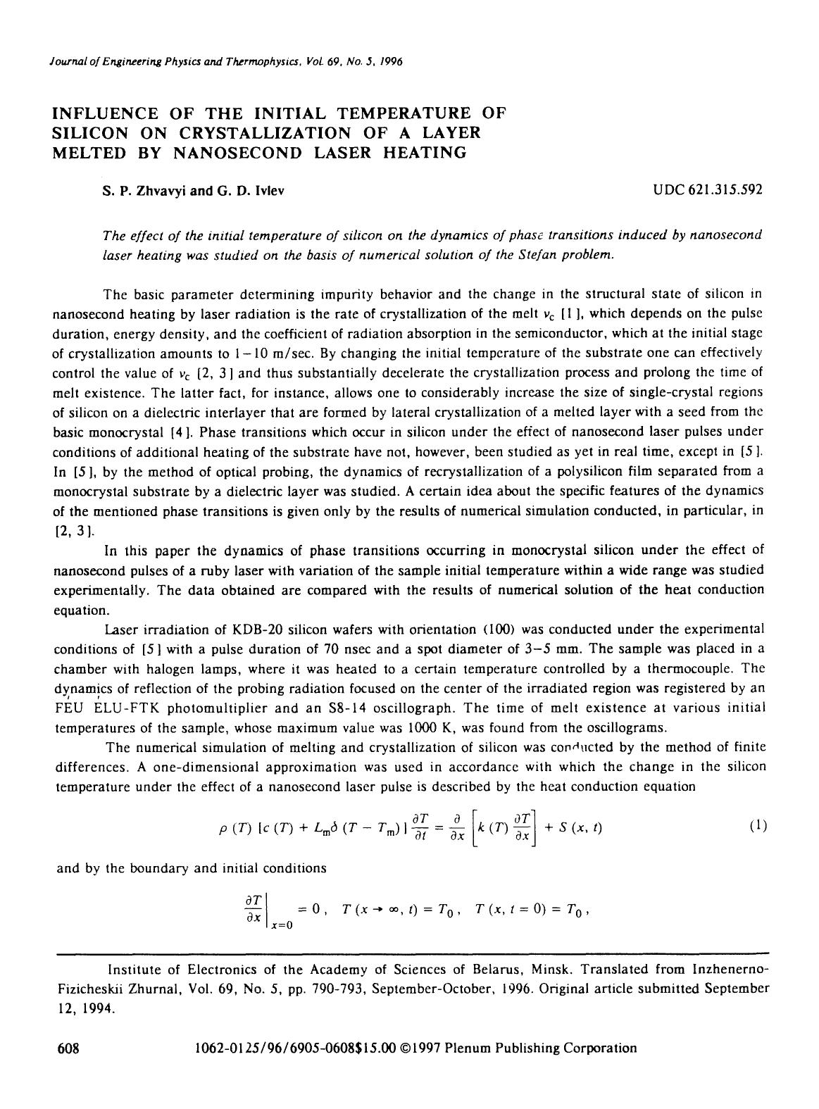 Influence of the initial temperature of silicon on crystallization of a layer melted by nanosecond laser heating by Unknown
