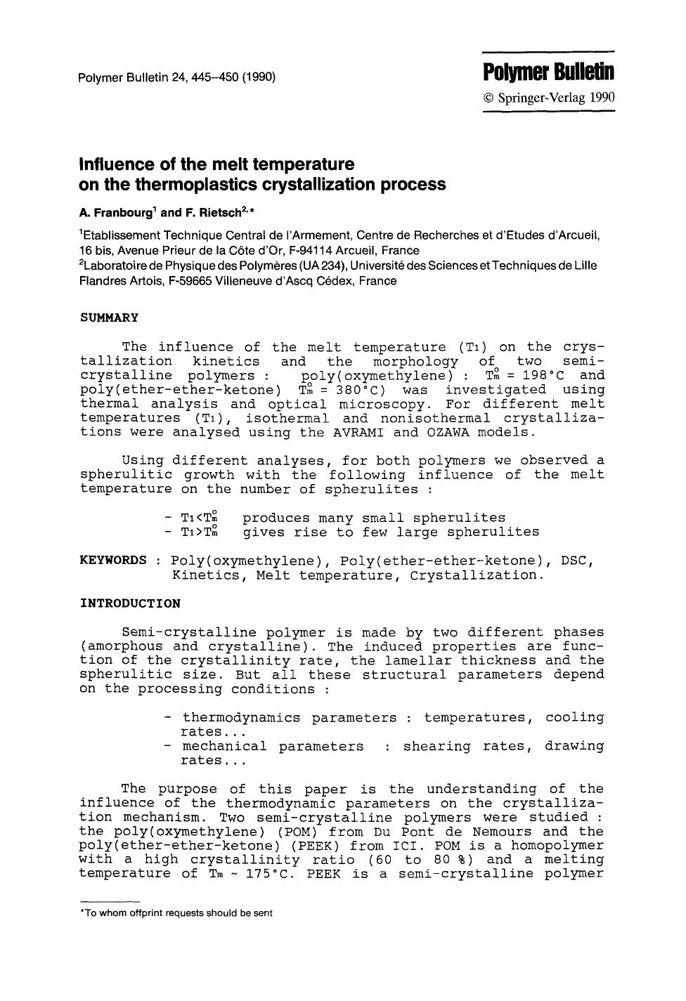 Influence of the melt temperature on the thermoplastics crystallization process by Unknown