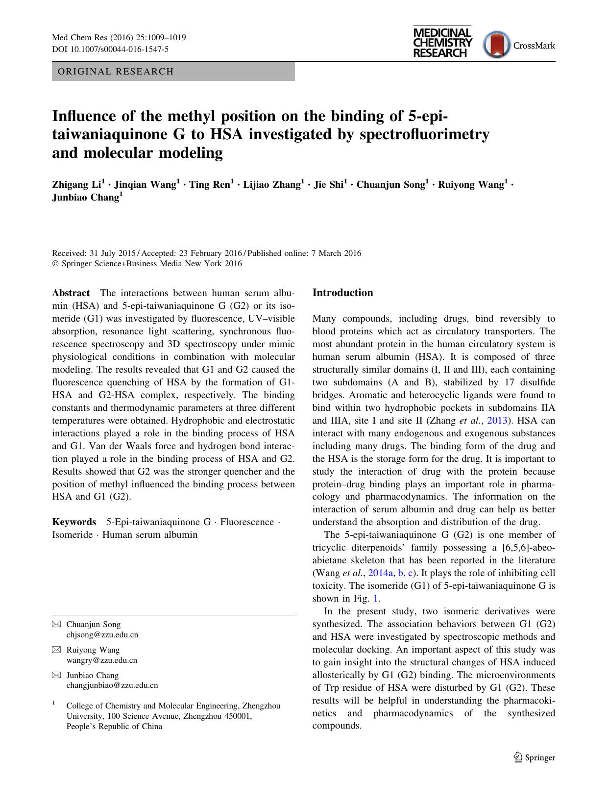 Influence of the methyl position on the binding of 5-epi-taiwaniaquinone G to HSA investigated by spectrofluorimetry and molecular modeling by unknow