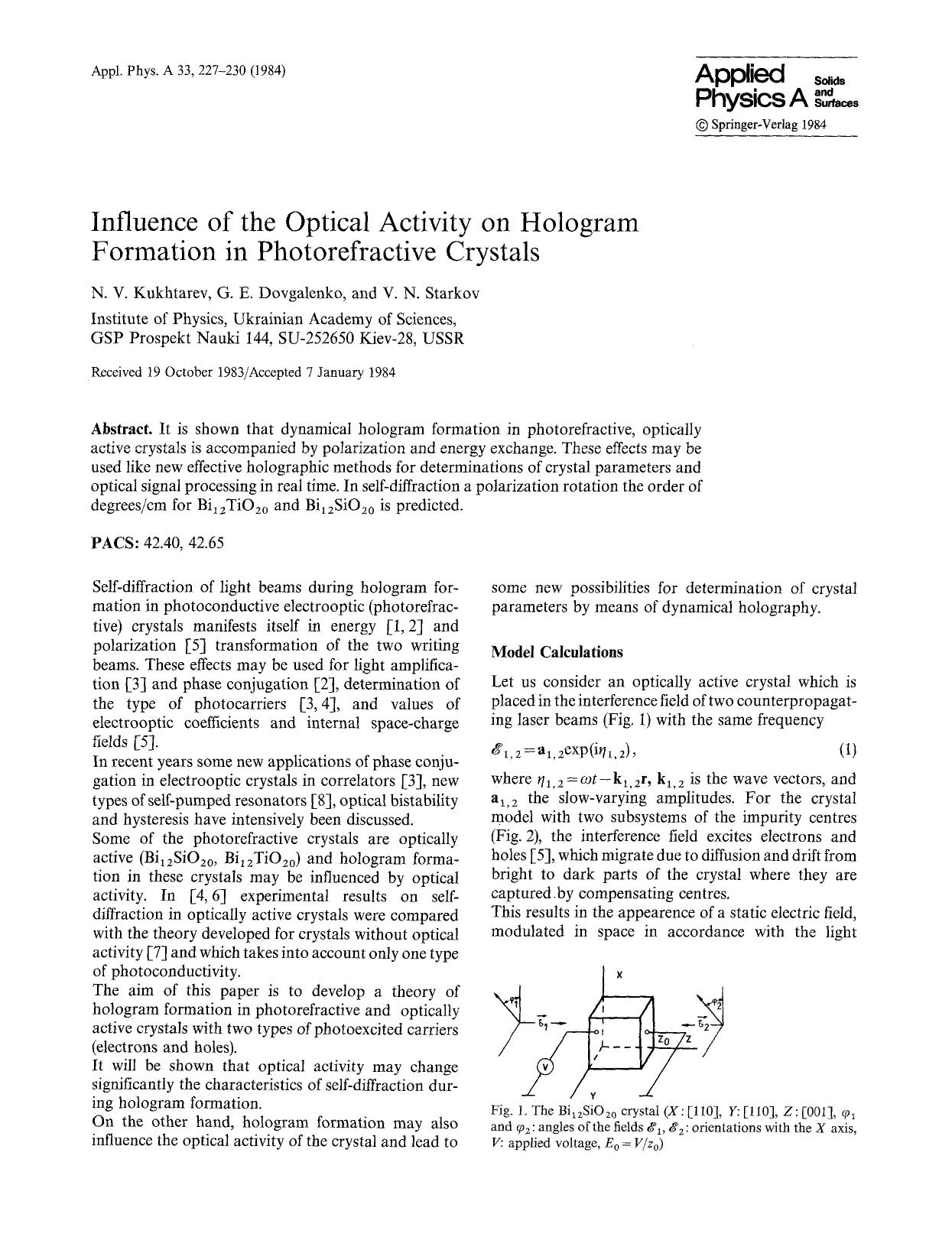 Influence of the optical activity on hologram formation in photorefractive crystals by Unknown