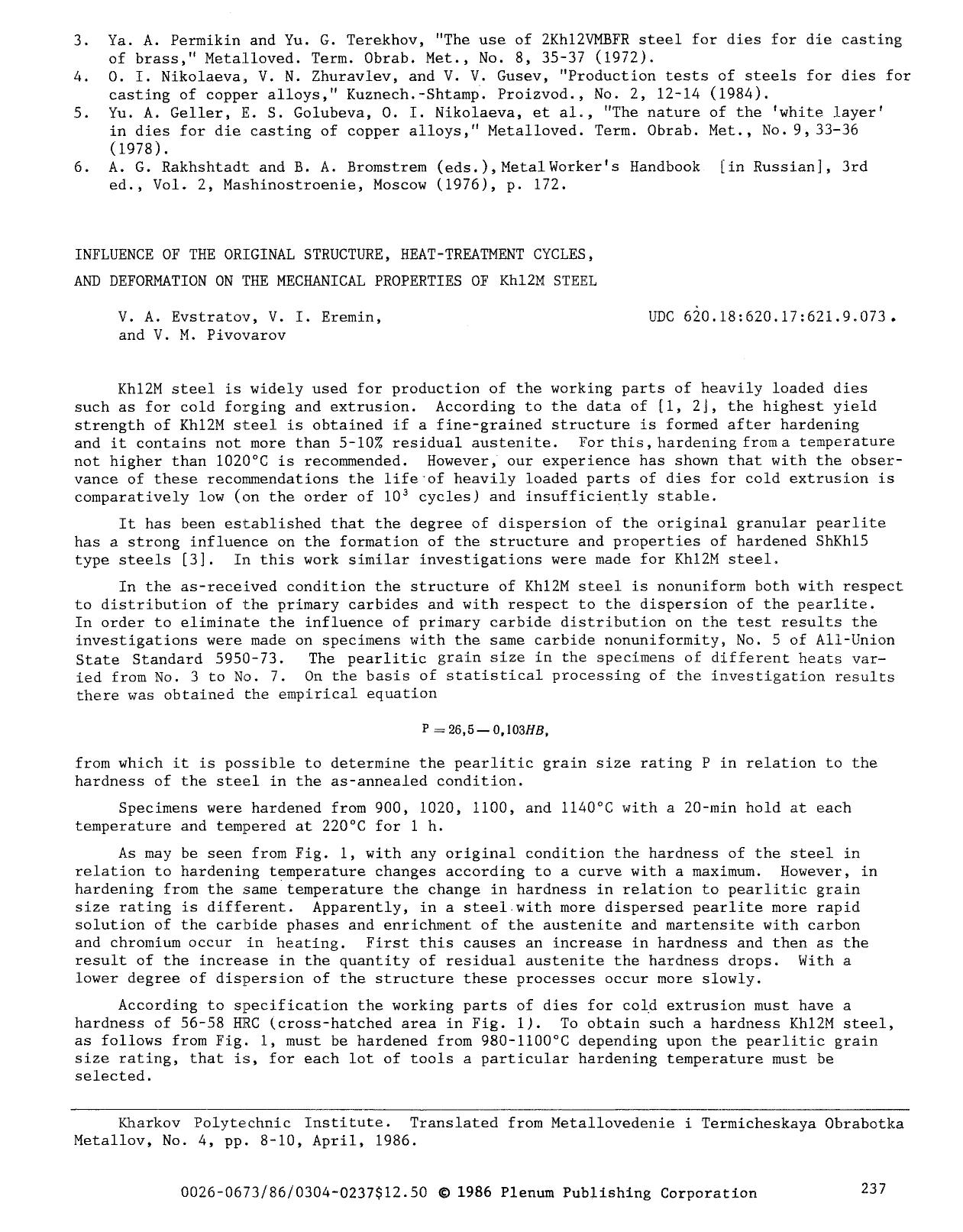 Influence of the original structure, heat-treatment cycles, and deformation on the mechanical properties of Kh12M steel by Unknown