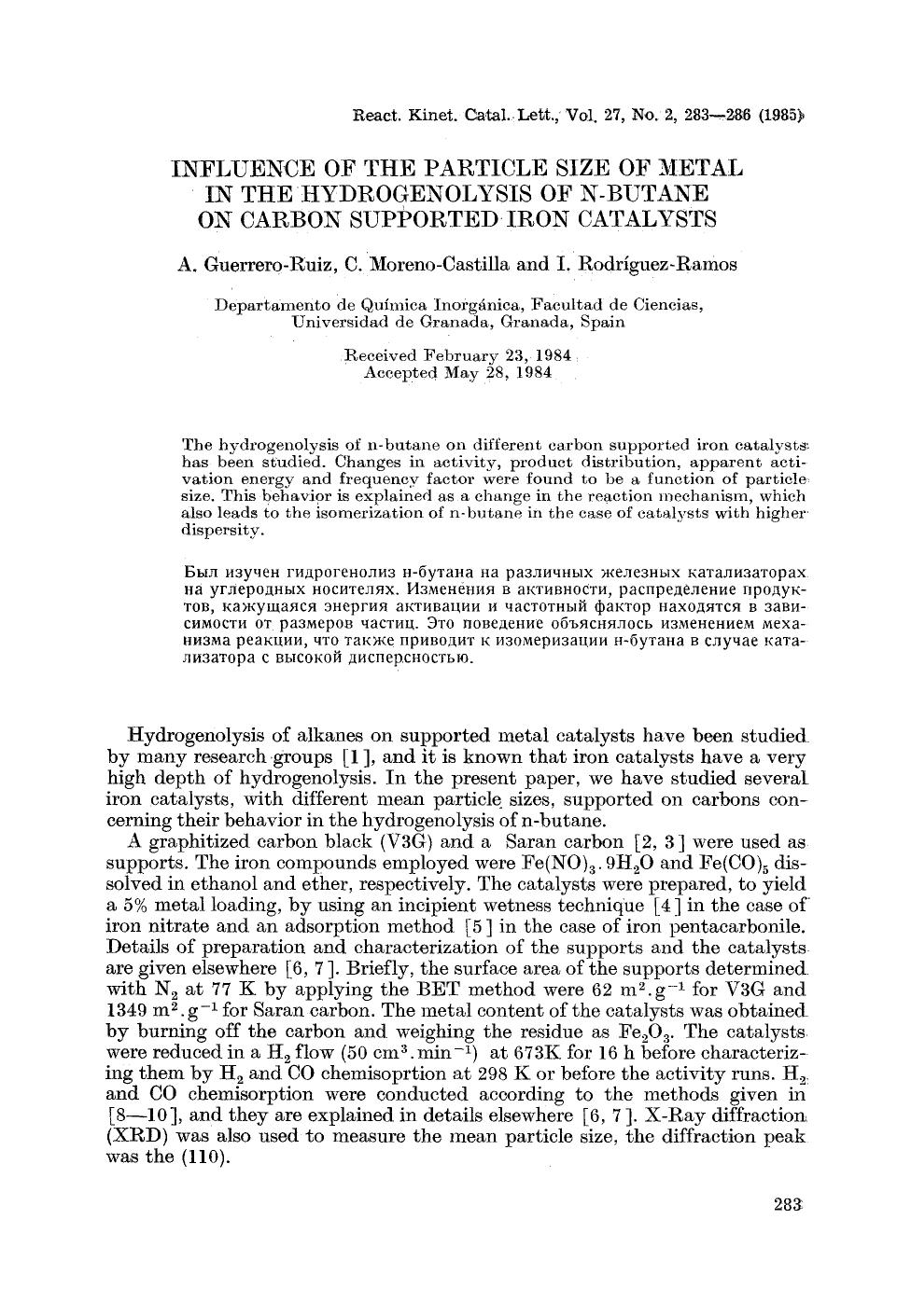 Influence of the particle size of metal in the hydrogenolysis of n-butane on carbon supported iron catalysts by Unknown