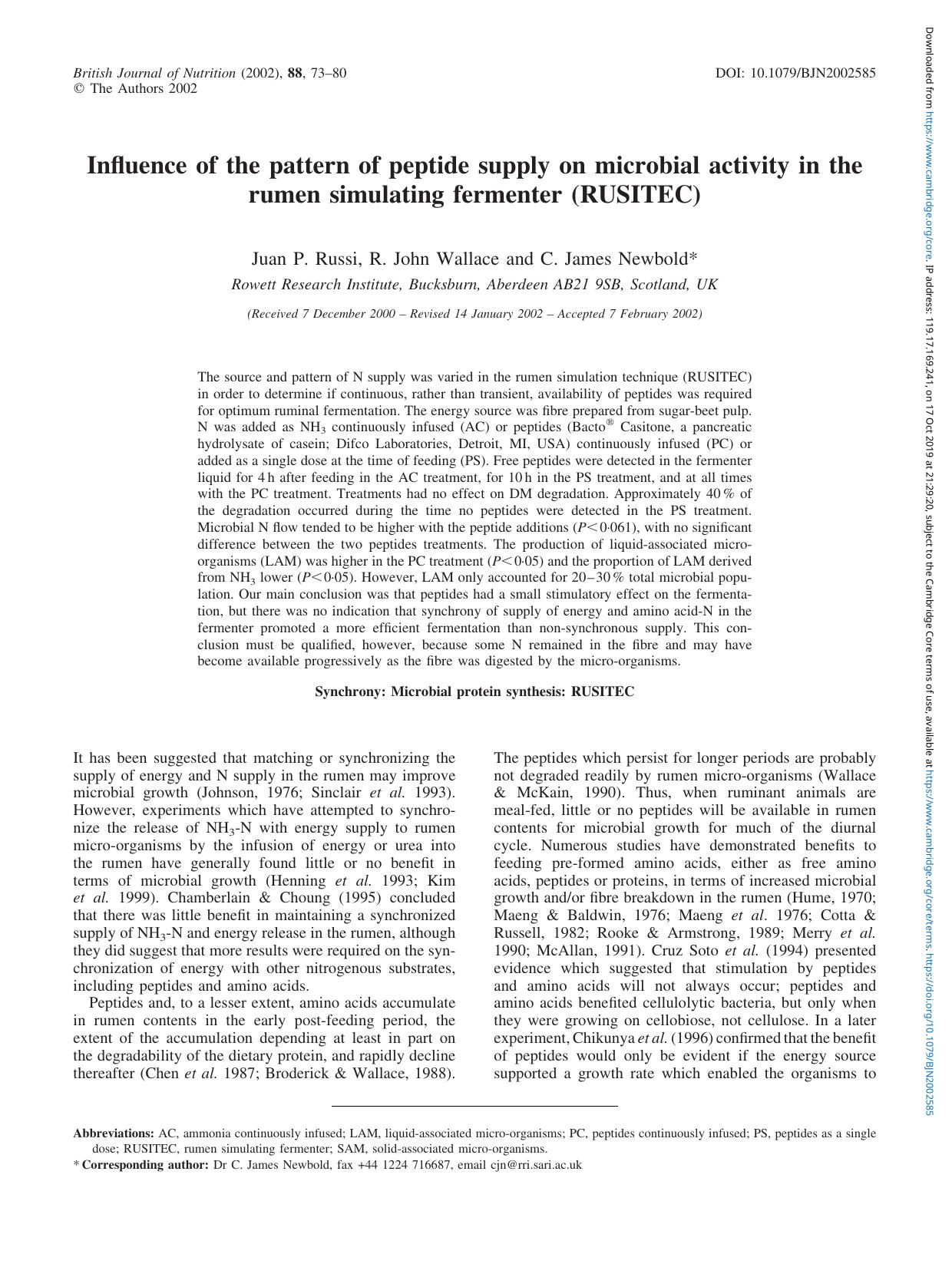 Influence of the pattern of peptide supply on microbial activity in the rumen simulating fermenter (RUSITEC) by Juan P. Russi R. John Wallace C. James Newbold