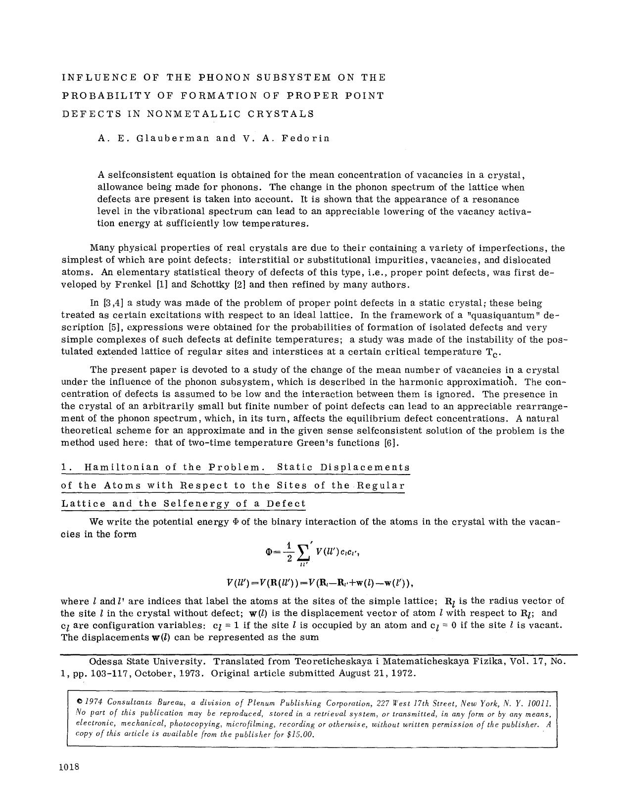 Influence of the phonon subsystem on the probability of formation of proper point defects in nonmetallic crystals by Unknown