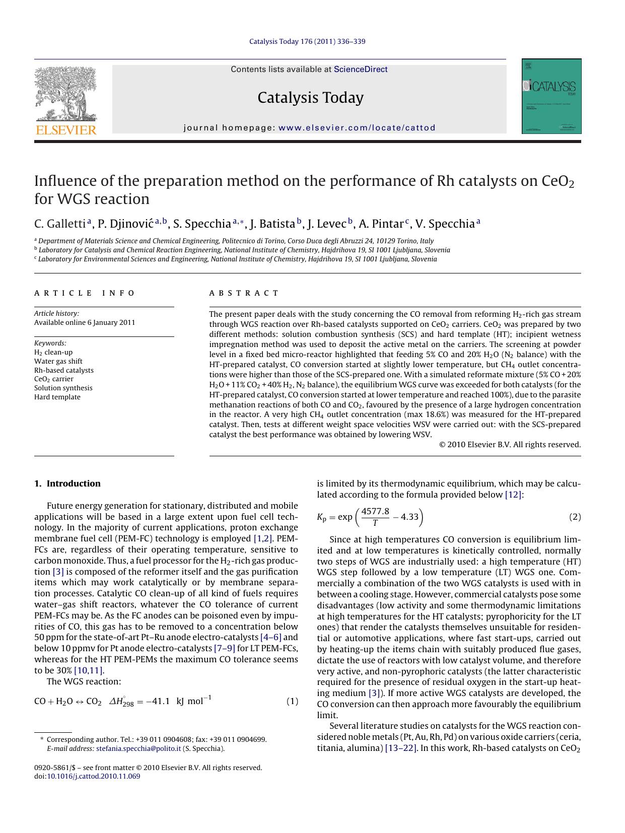 Influence of the preparation method on the performance of Rh catalysts on CeO2 for WGS reaction by C. Galletti