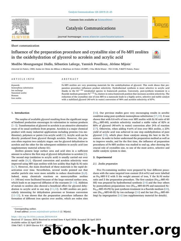 Influence of the preparation procedure and crystallite size of Fe-MFI zeolites in the oxidehydration of glycerol to acrolein and acrylic acid by Modibo Mounguengui Diallo & Sébastien Laforge & Yannick Pouilloux & Jérôme Mijoin