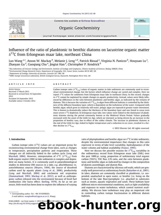 Influence of the ratio of planktonic to benthic diatoms on lacustrine organic matter ÃÂ´13C from Erlongwan maar lake, northeast China by unknow
