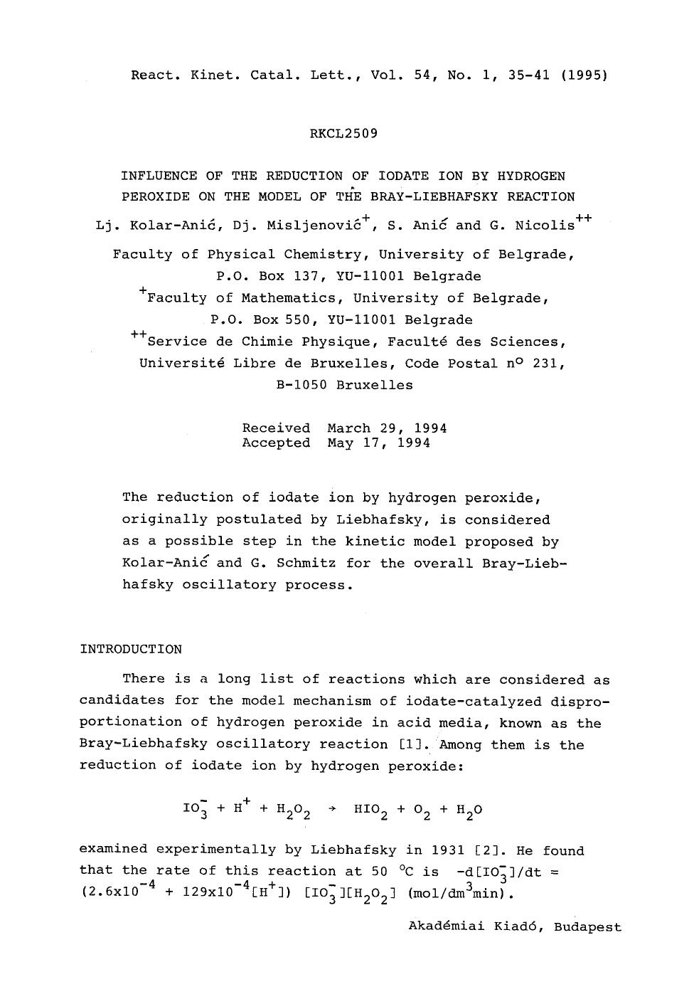 Influence of the reduction of iodate ion by hydrogen peroxide on the model of the Bray-Liebhafsky reaction by Unknown