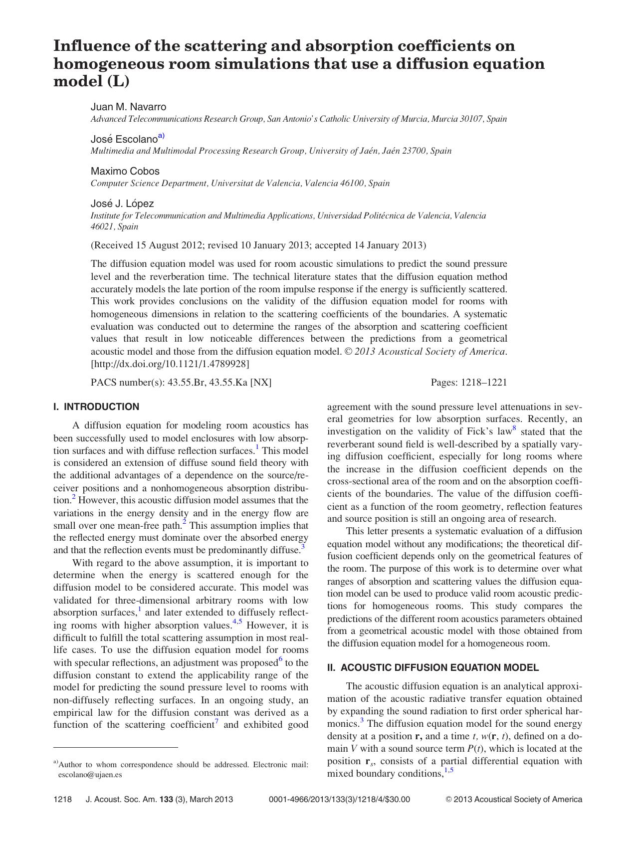 Influence of the scattering and absorption coefficients on homogeneous room simulations that use a diffusion equation model (L) by Juan M. Navarro Jos & e Escolanoa) Maximo Cobos Jos & e J. L & opez