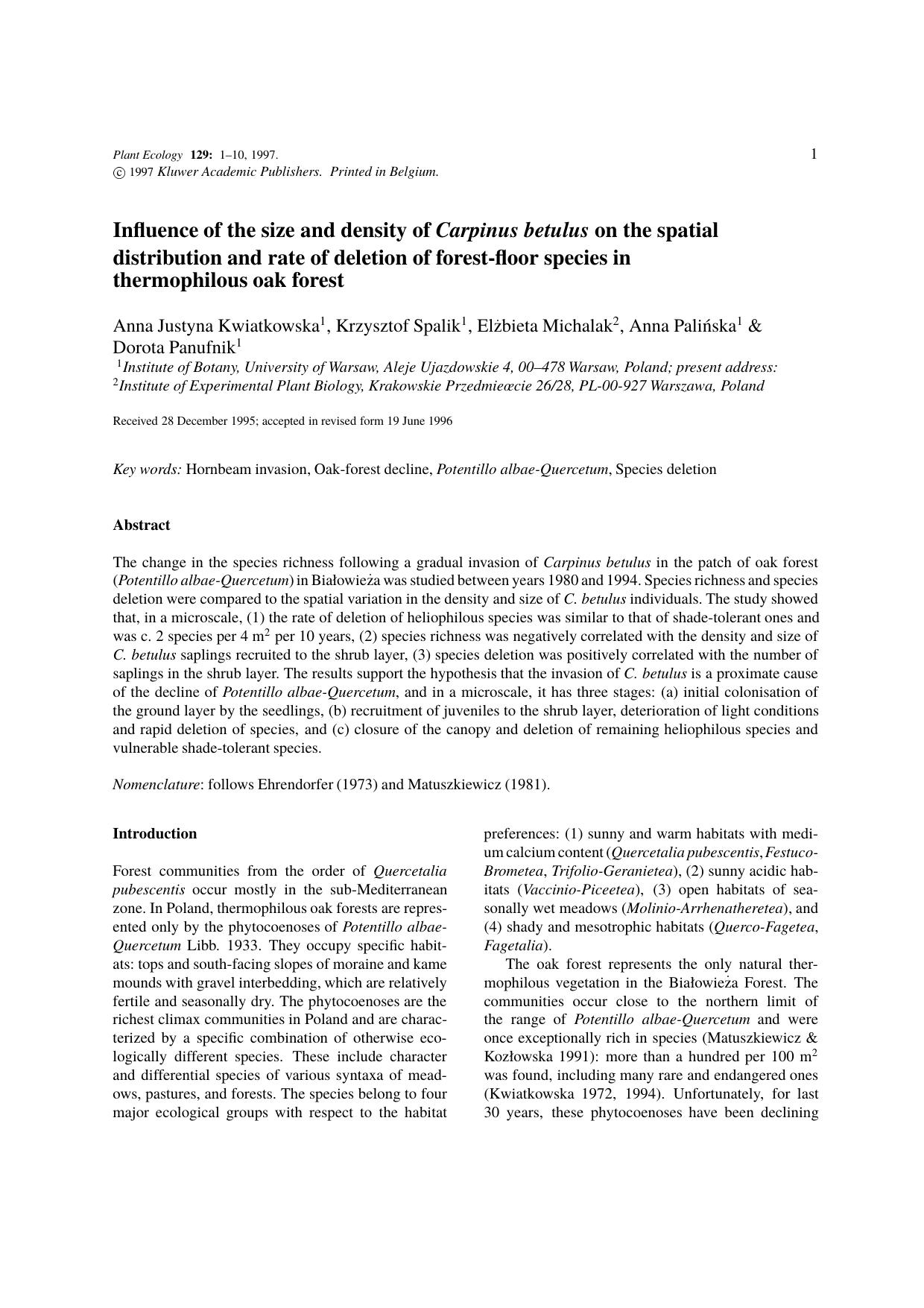 Influence of the size and density of Carpinus betulus on the spatial distribution and rate of deletion of forest-floor species in thermophilous oak forest by Unknown
