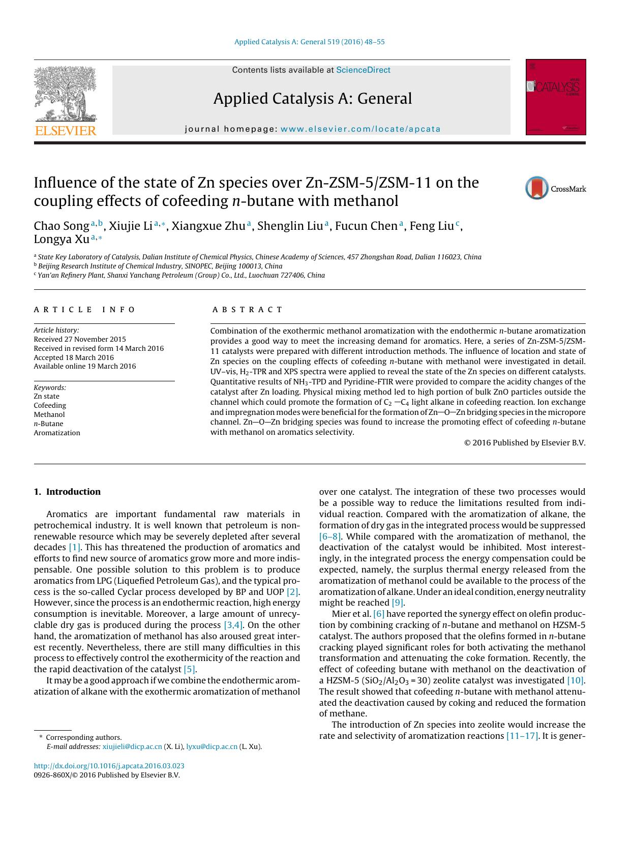 Influence of the state of Zn species over Zn-ZSM-5ZSM-11 on the coupling effects of cofeeding n-butane with methanol by Chao Song & Xiujie Li & Xiangxue Zhu & Shenglin Liu & Fucun Chen & Feng Liu & Longya Xu