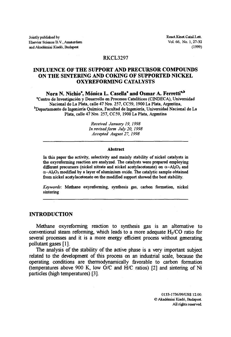 Influence of the support and precursor compounds on the sintering and coking of supported nickel oxyreforming catalysts by Unknown
