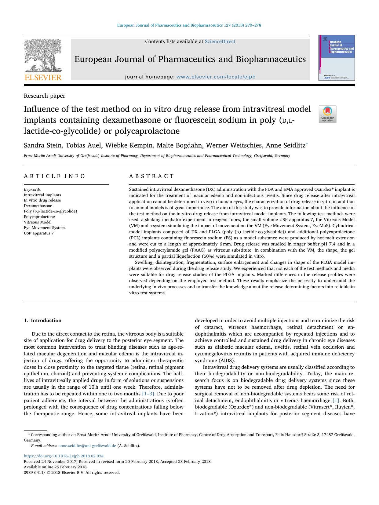 Influence of the test method on in vitro drug release from intravitreal model implants containing dexamethasone or fluorescein sodium in poly (d,l-lactide-co-glycolide) or polycaprolactone by Sandra Stein