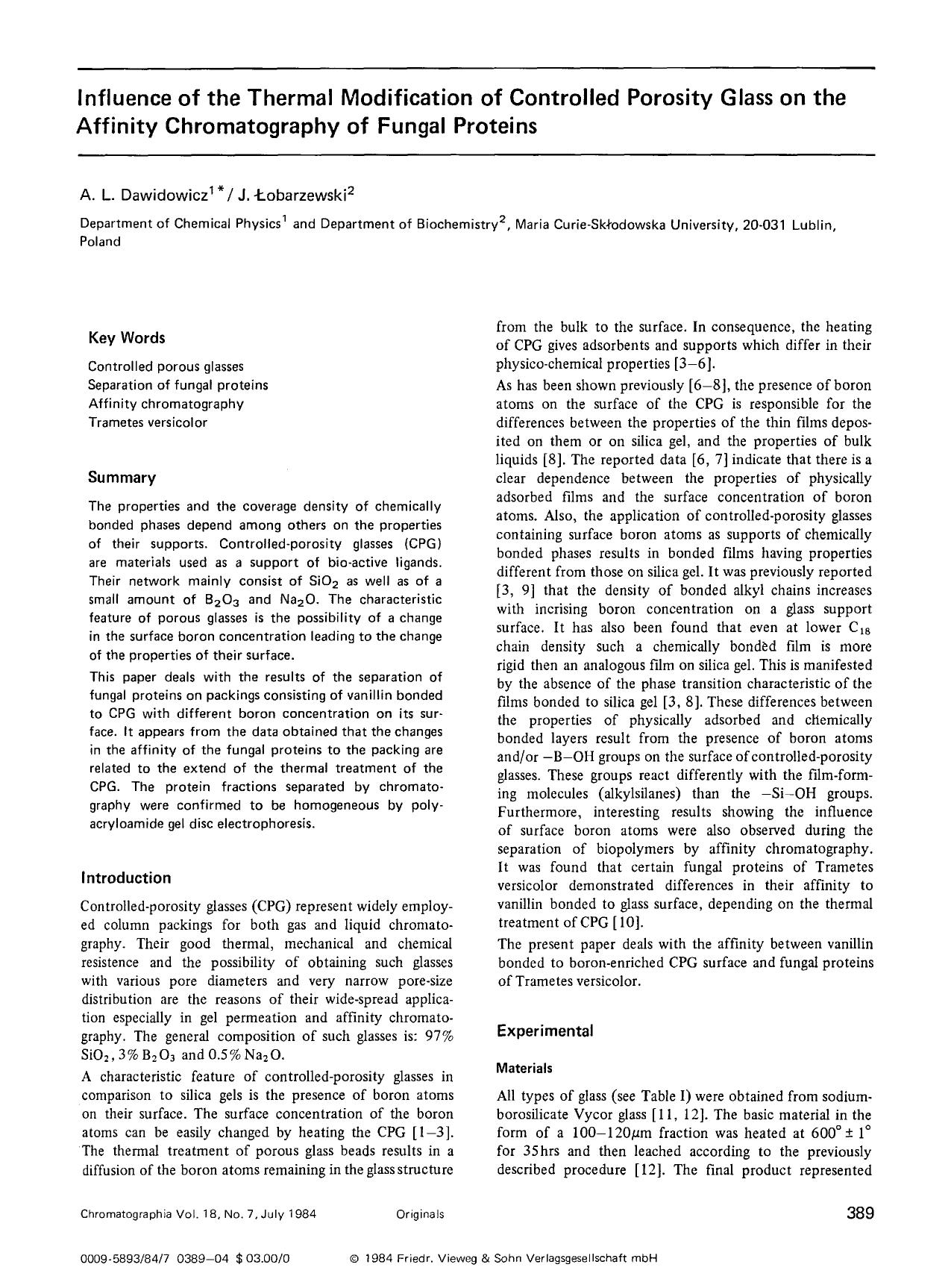 Influence of the thermal modification of controlled porosity glass on the affinity chromatography of fungal proteins by Unknown