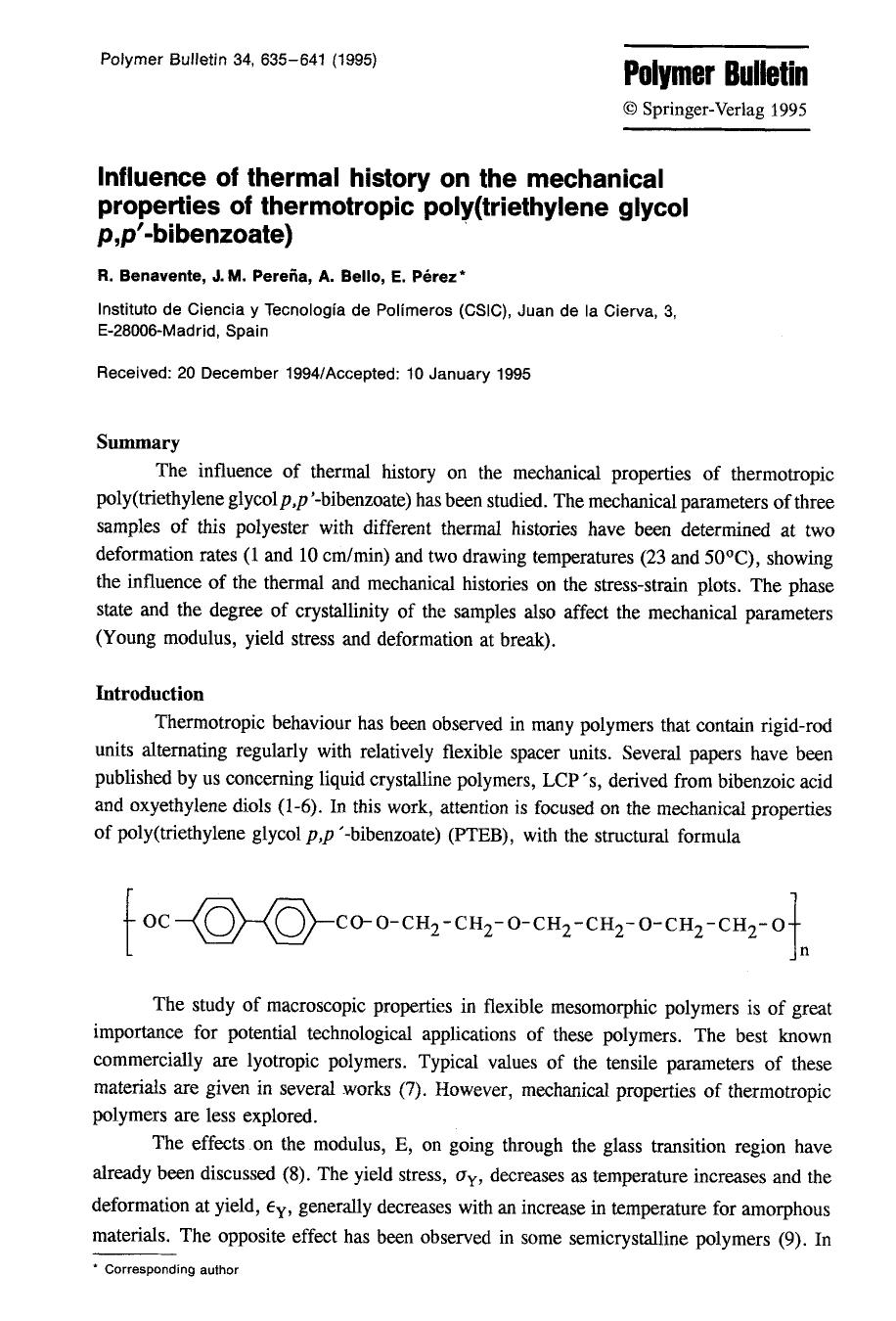 Influence of thermal history on the mechanical properties of thermotropic poly(triethylene glycol <Emphasis Type="Italic">p,p&#x2032;<Emphasis>-bibenzoate) by Unknown