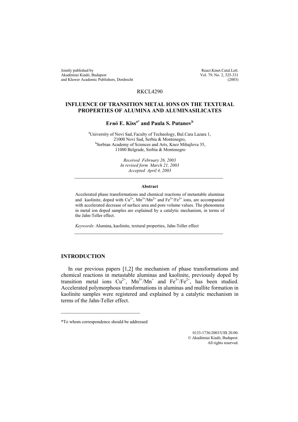 Influence of transition metal ions on the textural properties of alumina and aluminasilicates by Unknown