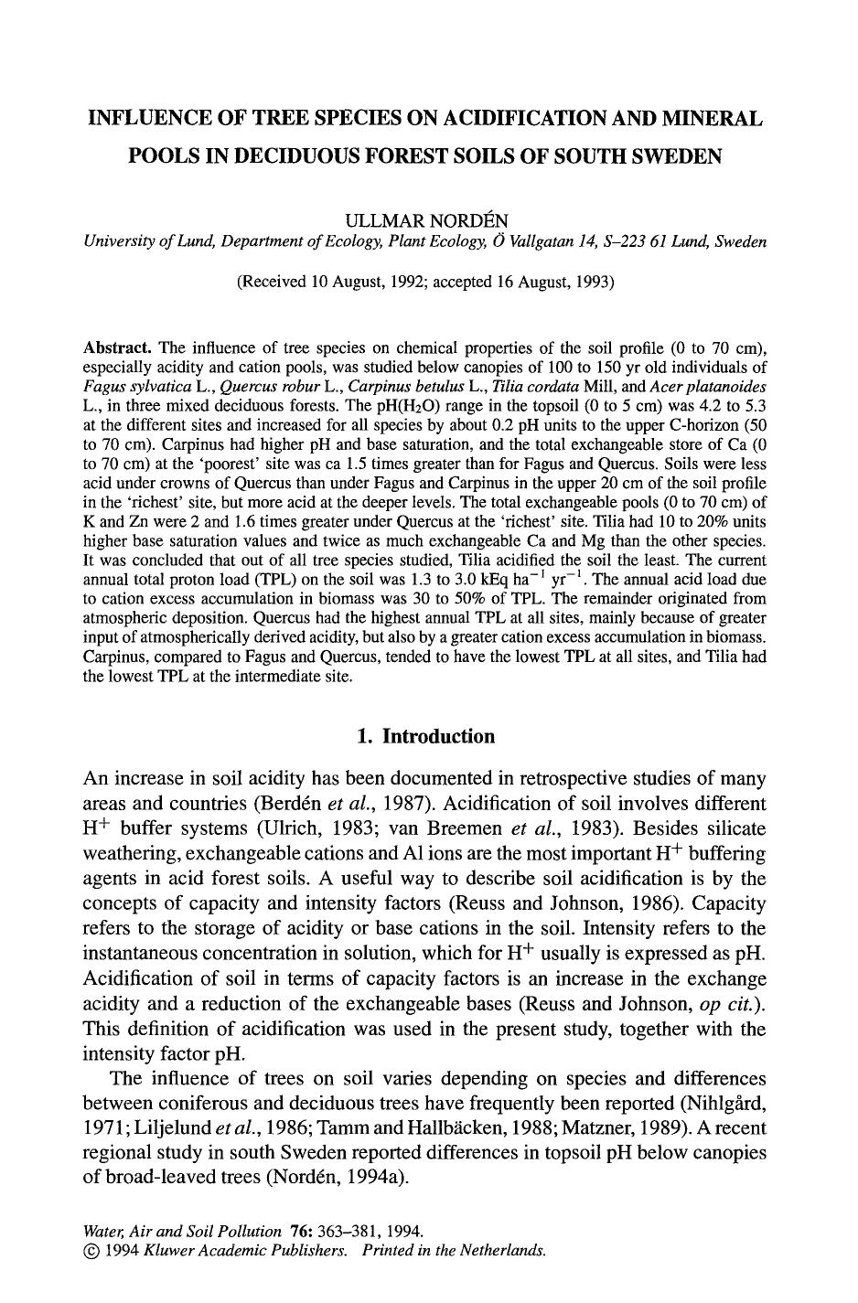 Influence of tree species on acidification and mineral pools in deciduous forest soils of South Sweden by Unknown