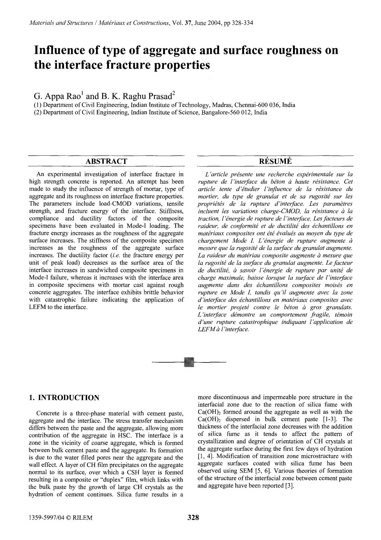 Influence of type of aggregate and surface roughness on the interface fracture properties by Unknown