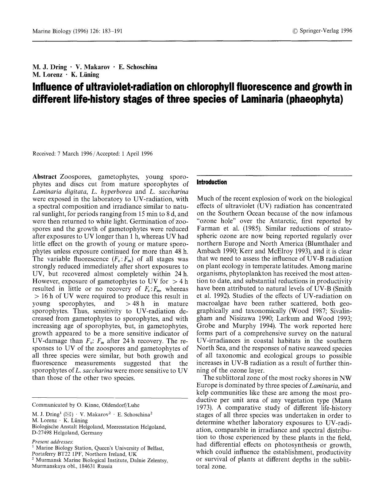 Influence of ultraviolet-radiation on chlorophyll fluorescence and growth in different life-history stages of three species of Laminaria (phaeophyta) by Unknown