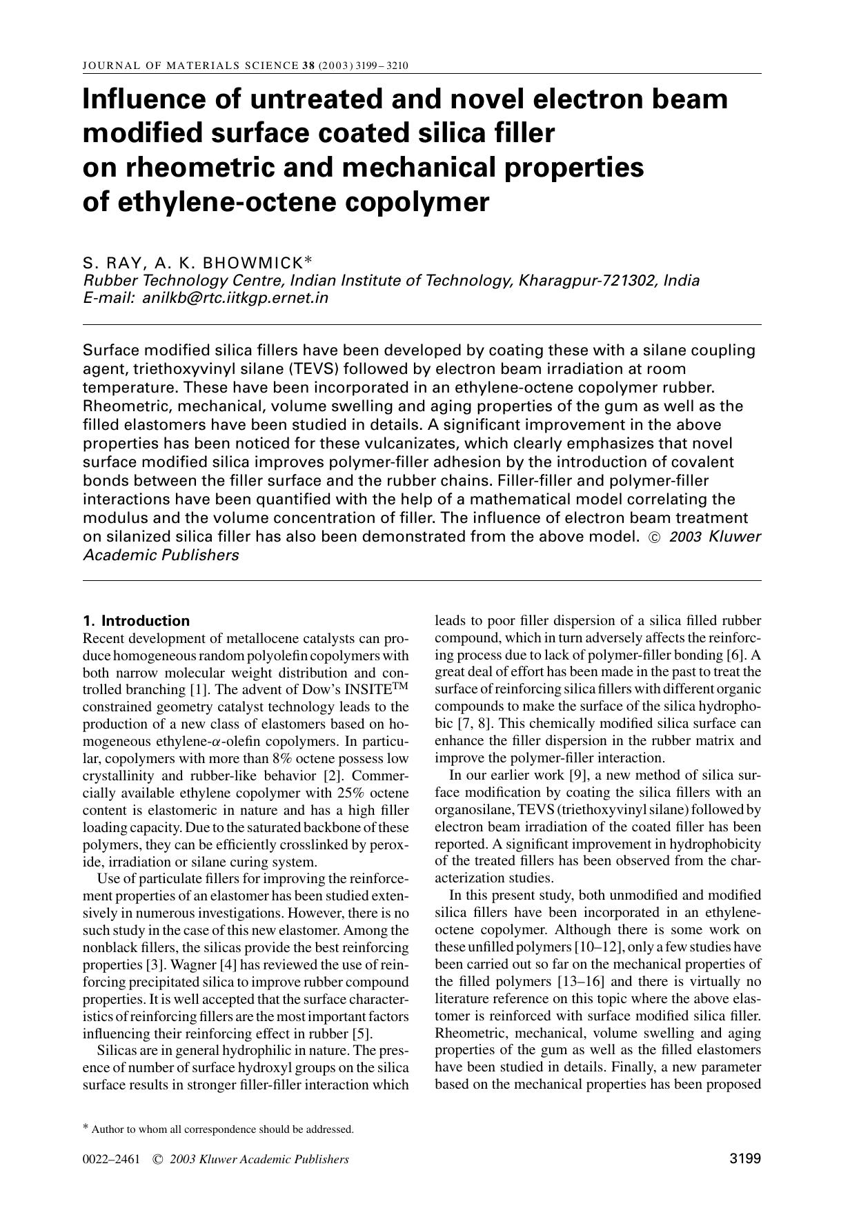 Influence of untreated and novel electron beam modified surface coated silica filler on rheometric and mechanical properties of ethylene-octene copolymer by Unknown