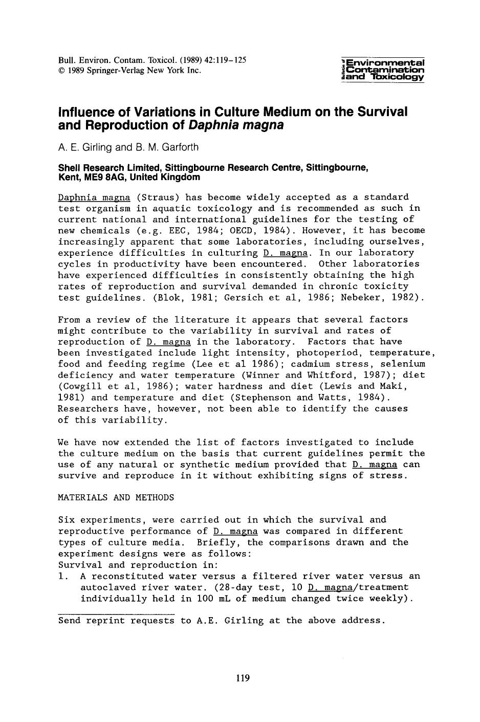 Influence of variations in culture medium on the survival and reproduction of <Emphasis Type="Italic">Daphnia magna <Emphasis> by Unknown